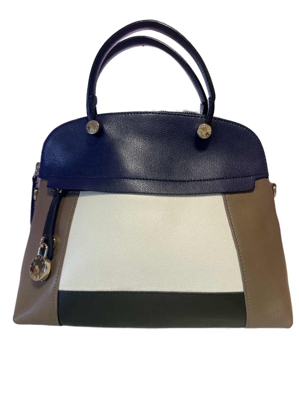 Furla Piper Medium Colorblock Dome Satchel Navy Taupe Black Cream Leather